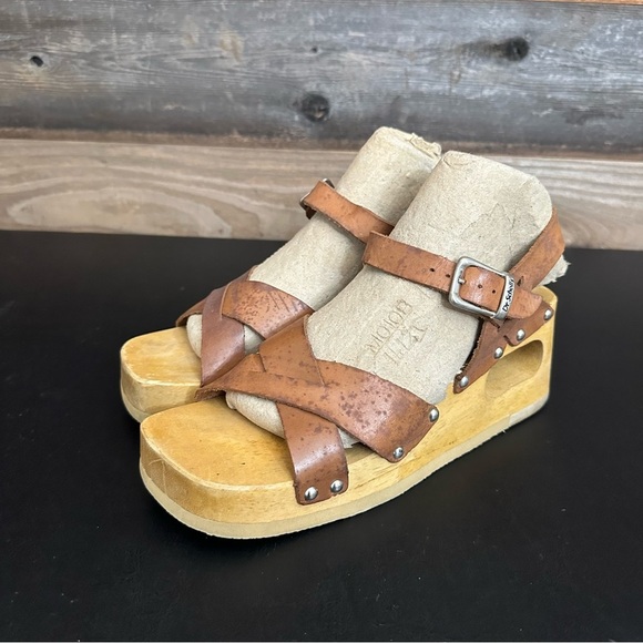 Vintage Dr Scholls Original Wooden Platform Brown Leather Sandal Made Brazil 7 - Picture 1 of 9